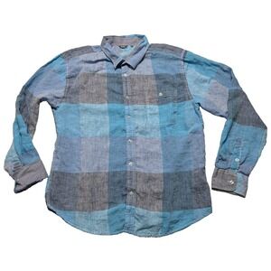 Bohio Linen Shirt - Men XL Blue Plaid Long Sleeve Flip Cuff Roll Tab